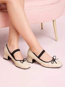 CUCCOO DOLLMOD Damen Silber Mary Jane High Heel Pumps, quadratische Spitze & Absatz, Vintage Schulstil, Schnallenverschluss - Beige - Übersicht 5