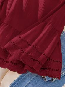 CosyJoli 大码女式杏色镂空蕾丝拼布休闲度假衬衫，夏季 - 酒紅色 - 查看 5