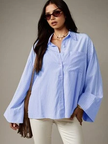 MISSGUIDED Áo sơ mi nữ tay dài cài nút dáng rộng, họa tiết kẻ sọc, công sở, mặc hàng ngày, xuân hè, nhẹ, có cổ - Màu xanh hải quân - Xem 3