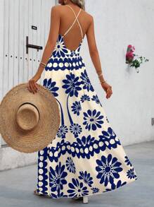 Breezaya 女式夏季度假休闲交叉后背镂空A字印花连衣裙 - 藏蓝色 - 查看 2