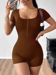 SHEIN EZwear 女款夏季純色半門襟短袖彈性連身褲 - 棕色 - 查看 7