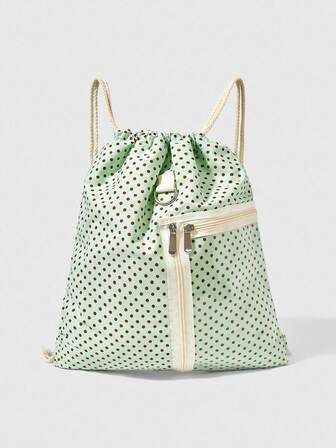 Anime Zaino a coulisse con pois verdi retrò, con tasca laterale con cerniera trasparente, zaino casual multifunzionale di grande capacità adatto per campus, vacanze, eventi sociali, shopping