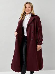 Miaspire Ancora Red 女士纯色立领双排扣休闲外套，秋冬款 - 酒紅色 - 查看 3