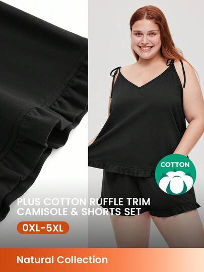 LUVLETTE Women's Plus-Size Breathable Black 100% Pure Cotton V-Neck Camisole Top & Shorts Airy Loungewear Cute Pajama Set Pants With Pockets Lingerie Romantic Living Cozy At Home