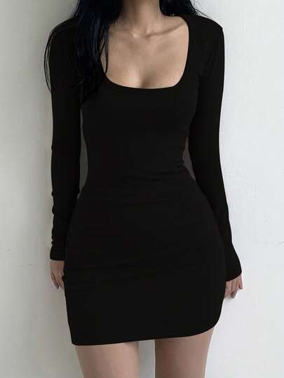 Dazy Tall Tall Women's Square Neck Long Sleeve Fitted Short Casual Elegant Mini Dress