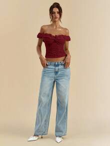 SHEIN BAE 女式白色纹理针织露肩双荷叶边前扭纹紧身上衣，夏季衬衫 - 酒紅色 - 查看 6