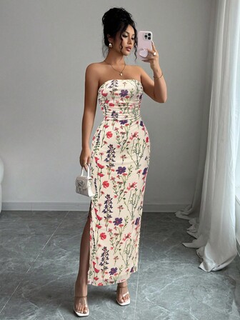 Rafferiza 女式优雅枝形花卉印花褶饰紧身开衩连衣裙