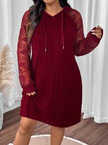 EMERY ROSE Plus Size Women Lace Sleeve Patchwork Casual Dress Fall Cloth For Women - Burgundy - View 1