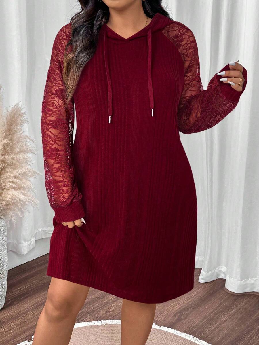 EMERY ROSE Plus Size Women Lace Sleeve Patchwork Casual Dress Fall Cloth For Women - Burgundy - View 1