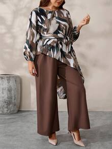 EMERY ROSE Plus Size Asymmetrical Print Shirt And Pants 2 Pieces Set