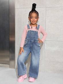 SHEIN Young Girl' Y2K Loose Fit Blue Denim Overalls,Fall Kid's  Casual And Comfortable  Wear,Winter Clothes,Street Wear - Light Wash - View 3
