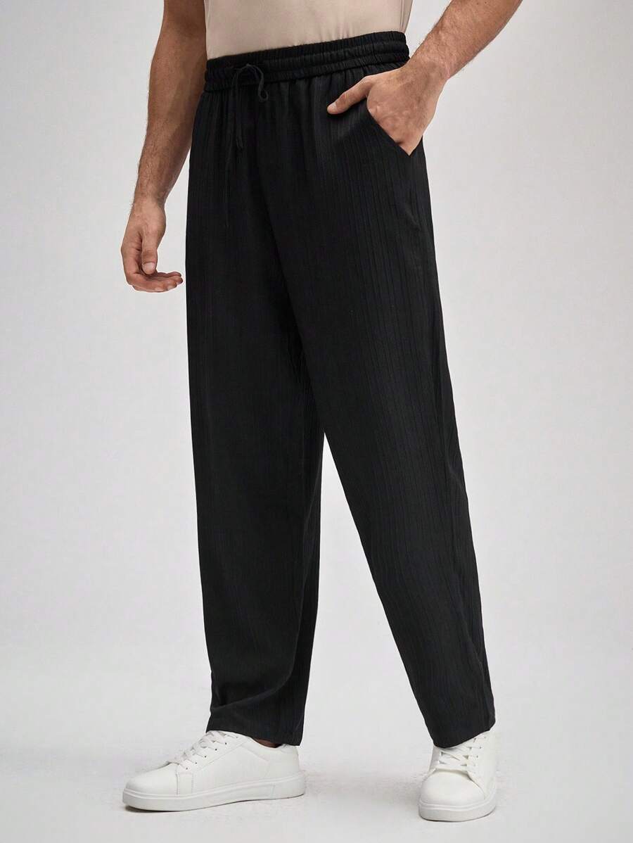 OFFICEAU 男士纯色抽绳腰休闲裤，Old Money 春夏款 - 黑色 - 查看 1