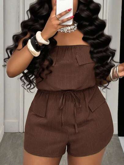 Slaydiva 2025 Spring/Summer New Arrival Vacation & Casual & Daily Wear Solid Military Green Sleeveless Cropped Jumpsuit With Cargo Pockets & Drawstring Waist, Woven Textured Fabric, Plus Size