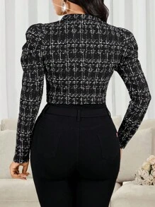 SHEIN Lady 女士优雅通勤格子泡泡袖短款薄款夹克西装外套女士短款粗花呢夹克女士西装外套秋冬女士短款夹克 - 黑與白 - 查看 3
