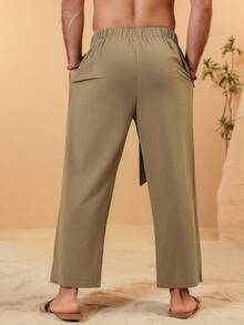 VENTUSAIL Men's Summer Linen Texture Layered Design Loose And Comfortable Breathable Vacation Long Pants With Waist Tie Design, Khaki Going Out Plain Baggy Slacks Pants, For Husband, Boyfriend Gifts, For Fall - Khaki - View 6