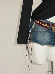 SHEIN ICON Women's Black Deep Draped Neck Criss-Cross Ruffle Trim Long Sleeve Sexy Slim Fit Blouse, Spring/Summer - Black - View 8