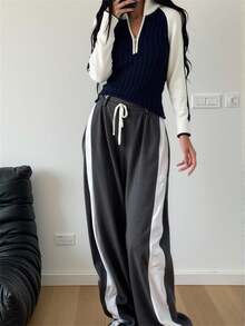 EURMUSE 现代对比色插肩袖半拉链罗纹针织套头衫运动设计