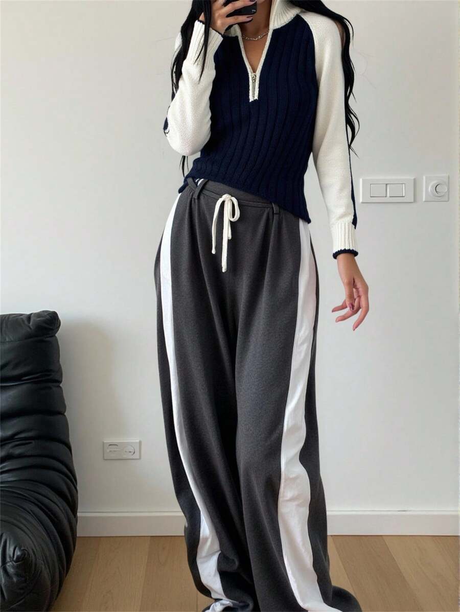 EURMUSE 现代对比色插肩袖半拉链罗纹针织套头衫运动设计