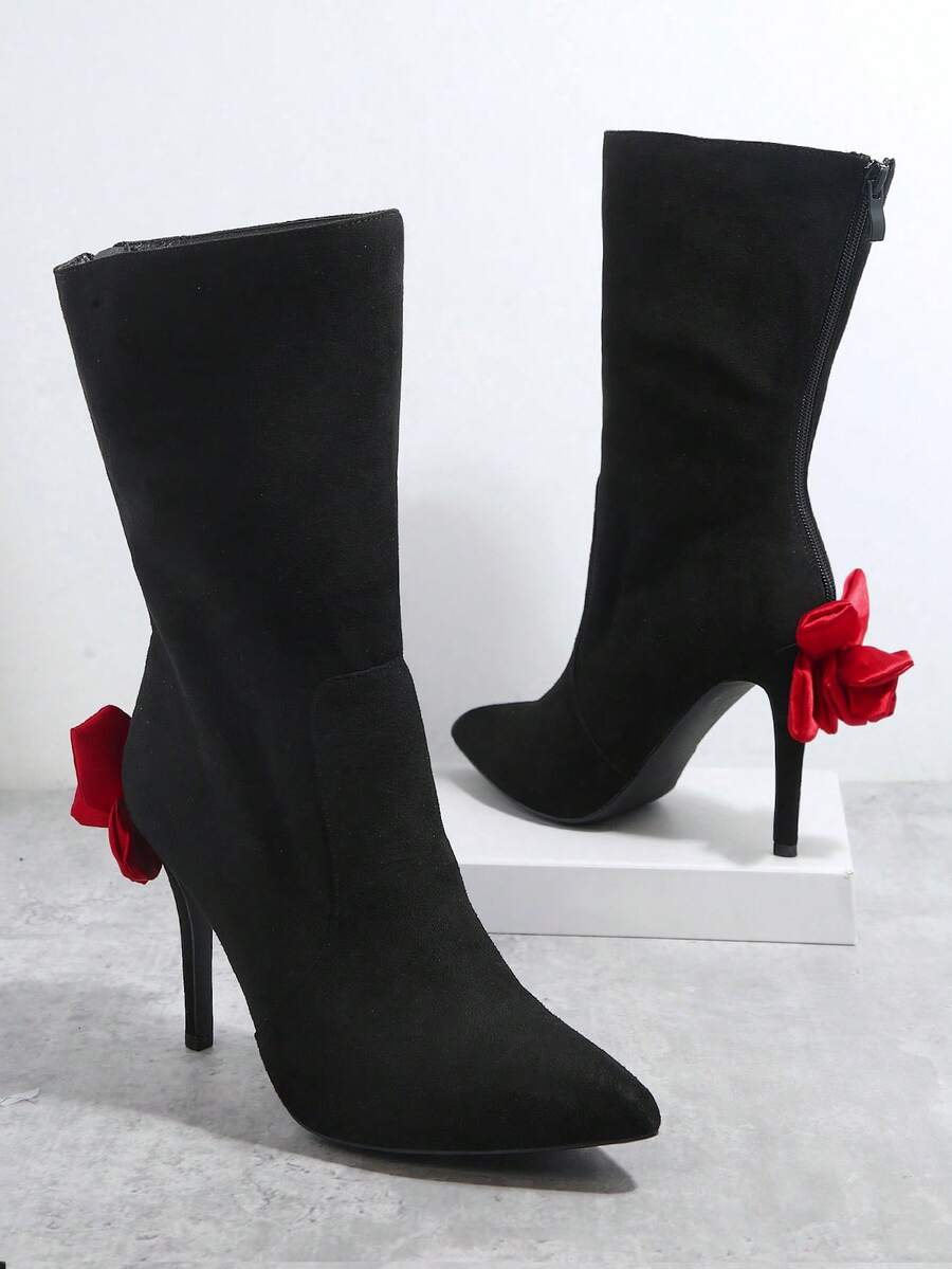 SHUZIA Botas de serraje falso dedo de pie puntiagudo con tacón delgado - Negro - Ver 1