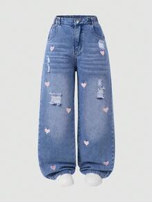 SHEIN ChillGRL 少女爱心刺绣休闲阔腿水洗牛仔裤，适合春、夏、秋、冬四季穿着，街头风，日常穿着，上学，聚会，居家，购物，度假，返校季，节日季。牛仔女孩爱心牛仔裤，带爱心图案的牛仔裤，少女牛仔裤，秋季粉色棉质 - 藍色 - 查看 6