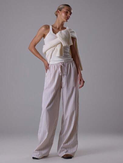 MUSERA Stripe Drawstring Wide Leg Trousers Cute Summer Holiday Vacation Casual Elegant Beach Linen Style Trousers Collective Office Attire For Women Office Wear Women