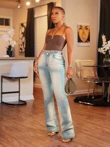 BamGleam Women's Casual Frayed Waist Pocket Flare Leg Jeans - Blue - View 1