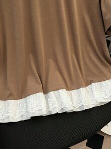 Franclia Plus Size White Lace Trim Casual Vacation & Commute Chic T-Shirt - Khaki - View 3