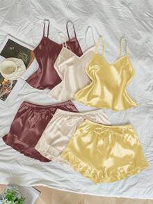 LuxeNights Bộ 3 món/Bộ trang phục phối ren lụa giả màu tương phản - Nhiều màu - Xem 4