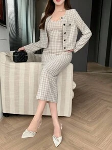 DAZY 女式格子圆领夹克和吊带裙两件套，秋季 - 杏色 - 查看 5