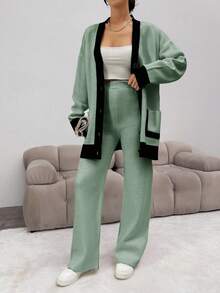 SHEIN Cottnline Ladies' Knitted Two-Piece Set: Contrast Edge Cardigan & Knit Pants - Multicolor - View 5