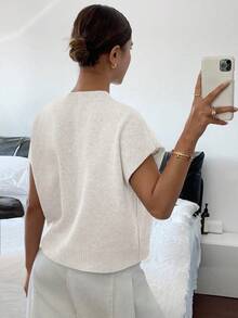 Siren Gaze 女式法式休闲白色短袖针织上衣，小标志刺绣 - 白色 - 查看 2