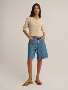 Nöista Elegant Beige Autumn Office Ivory Knit Cardigan,Textured Square Pattern Gold Buttons Fitted Shape Casual Fall Holiday Back To School Cute Boho Style - Apricot - View 6