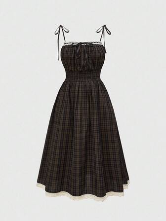 ROMWE Avant Robe de glissement style collégial décontracté mignon avec bordure en dentelle contrastée pour femmes