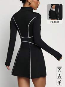 Dewbera Váy thể thao màu tương phản co giãn thoải mái dành cho nữ, thích hợp cho việc luyện tập thể thao ngoài trời như quần vợt, golf, chạy bộ thời trang, đi bộ đường dài, váy thể thao chống lộ - màu đen - Xem 4