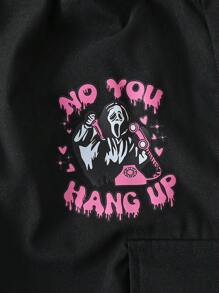 SHEIN Explorewe Bộ 2 món đồ thời trang dạo phố cho bé gái, áo hoodie in hình mặt ma và quần cargo đen, thời trang cho các bữa tiệc và chuyến đi chơi - Hồng - Xem 6