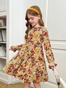 SHEIN Váy xếp nếp tay lỡ in họa tiết hoa bụi cho bé gái tuổi mới lớn - Màu Khaki - Xem 4