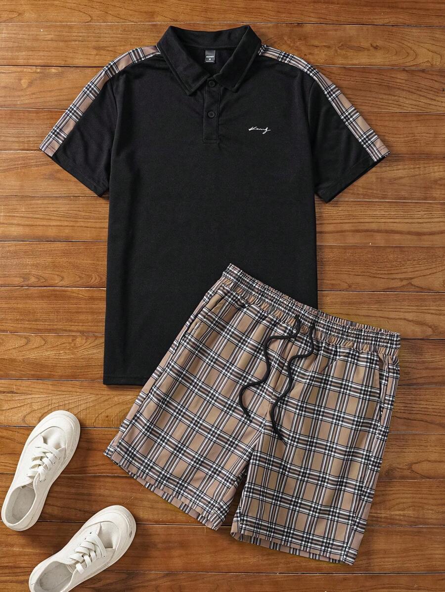 Manfinity NXTstreet Men Plaid Print Polo Shirt & Drawstring Waist Shorts, Cozy Outfits - Black - View 1
