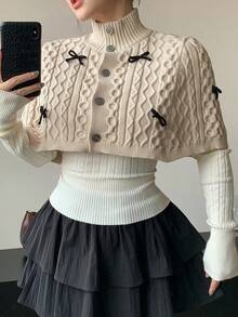 DAZY 女士秋冬花卉格子图案蝴蝶结装饰高领套头衫 针织套头衫 - 杏色 - 查看 9