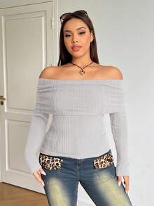 SHEIN EZwear 大码女式休闲露肩修身T恤，浅灰色，秋季 - 淺灰色 - 查看 7