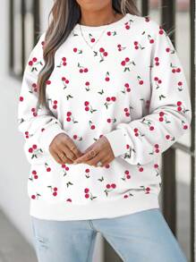EMERY ROSE 大码女式休闲樱桃印花宽松圆领长袖卫衣，返校季、返校节、夜生活、外出上衣，可爱女式卫衣，樱桃印花卫衣，女式图案卫衣，秋季女装，春季女装 - 彩色 - 查看 3