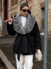DAZY Patchwork Fluffy Collar Oblique Placket Thickened Thermal Lined Padded Coat For Women, Autumn/Winter Jacket - Black - View 1