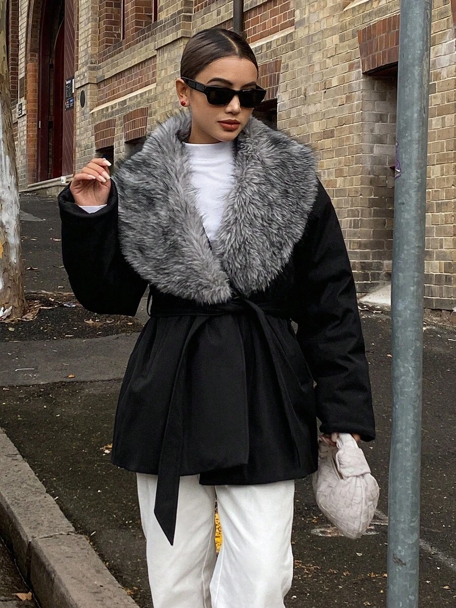 DAZY Patchwork Fluffy Collar Oblique Placket Thickened Thermal Lined Padded Coat For Women, Autumn/Winter Jacket - Black - View 1