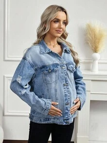 SHEIN Maternity Blue Cold Shoulder Fashionable Versatile Front Button Denim Jacket - Light Wash - View 5