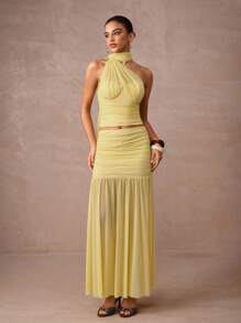 Lumalex Trang phục Thu Đông kín đáo, sang trọng, lấp lánh, dự tiệc, lễ hội, đi chơi, nghỉ dưỡng, phong cách Bohemian, BOHO, ngoài trời, nhiều lớp, mùa cưới, tiệc chiêu đãi, lễ trưởng thành. Bộ 2 món gồm váy lưới dáng suông cổ yếm và ôm sát eo thấp màu vàng dành cho nữ. Bộ hai mảnh màu vàng, bộ váy hai mảnh màu vàng bơ, sang trọng, dự tiệc prom, Giáng sinh và Năm mới. - Màu vàng - Xem 6