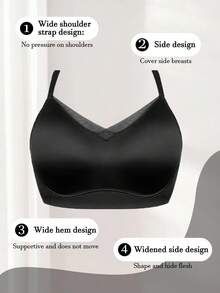 SHEIN 1 Stück Damen Große Größen einfarbiger Mesh-Patchwork bequemer drahtloser BH, Schwarz - Schwarz - Übersicht 5
