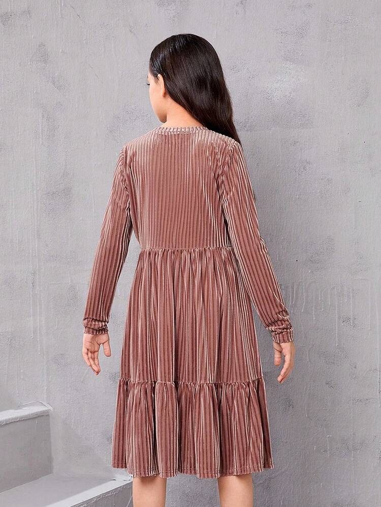Tween Girl Loose Retro Velvet Striped Crew Neck Layered Long Sleeve Dress