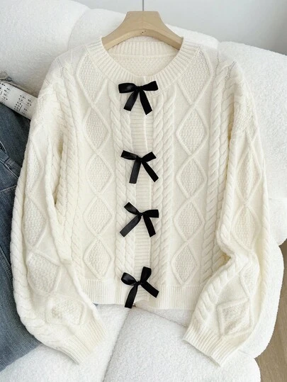 SHEIN 少女宽松休闲复古扭纹前开衫，蝴蝶结装饰，甜美青春，长袖上衣，适合秋冬和返校季