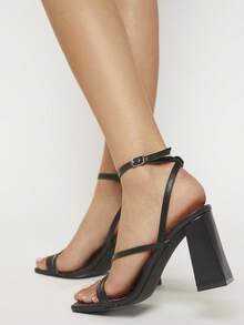 SHUZIA Ladies Solid Color Simple Daily High-Heeled Sandals - Black - View 5