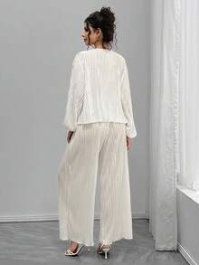 SHEIN Bộ đồ bà bầu đơn giản, áo tay loe màu trơn và quần cạp điều chỉnh - Màu be - Xem 2