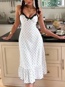 ZzzCrew 柔软触感针织睡裙，设计飘逸，中长款，舒适波尔卡圆点连衣裙，女士睡袍，夏季睡袍，细肩带睡袍，蕾丝边睡袍 - 白色 - 查看 3